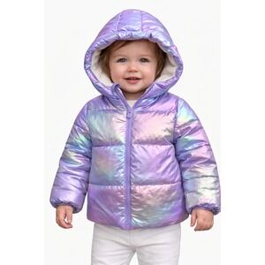 Baby GAP Iridescent Purple Puffer Jacket Sherpa Lined Hooded Coat 2T Futuristic
